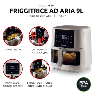 Ariete Airy Fryer Bianco (4630/00) Friggitrice Ad Aria 9L Touch Control Timer 60 Min 1500W