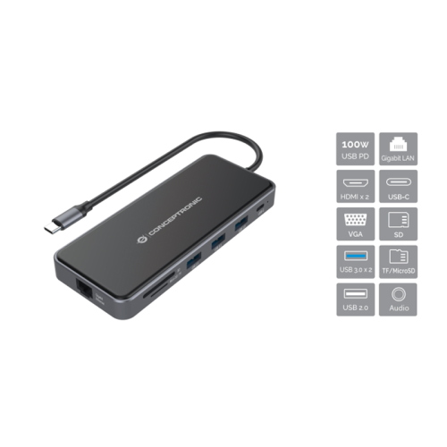 CONCEPTRONIC DONN15G - DOCKING STATION 12-IN-1 USB-C (M) 3.2 / HDMI, VGA, USB-C DATA, USB 3.0, USB 2.0, SD, TF/MICROSD, AUDIO, GBE, 100W USB PD