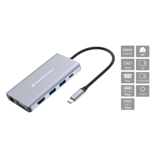 CONCEPTRONIC DONN20G - DOCKING STATION 10-IN-1 USB-C (M) 3.2 / HDMI, VGA, USB-A 5GBPS, USB-C 5GBPS, SD, TF/MICROSD, AUDIO, GBE, 100W USB PD