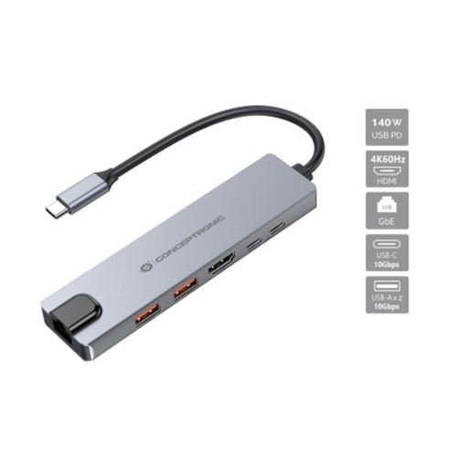 CONCEPTRONIC DONN29G - DOCKING STATION 6-IN-1 USB-C (M) 3.2 / HDMI 4K 60HZ, USB-A 10GBPS, USB-C 10GBPS, GBE, 140W USB PD 3.1